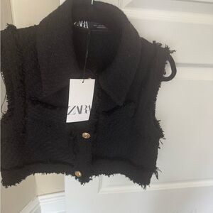 Zara Black Textured Vest with Gold Buttons